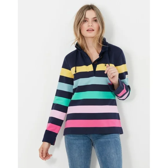Joules Saunton 12 Women's Striped Top - Navy, Yellow, Green, Pink funnel neck - Picture 1 of 3